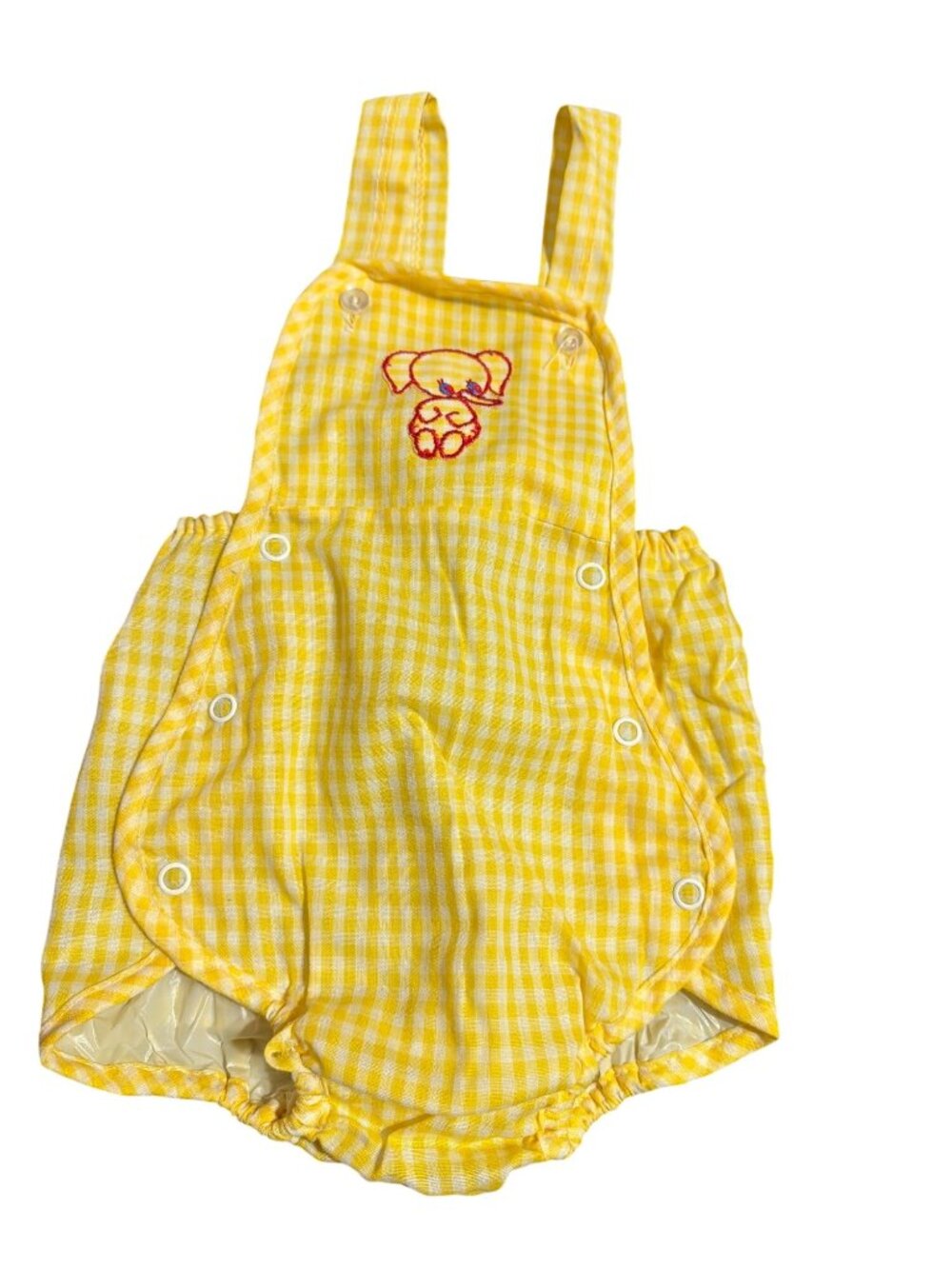 Vintage Sears Romper Yellow White Gingham Print Elephant Plastic Pants Sz S
